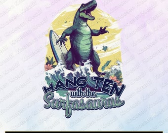 Surf-a-saurus Dino Surfing PNG: Clipart di abbigliamento urbano (300 DPI)