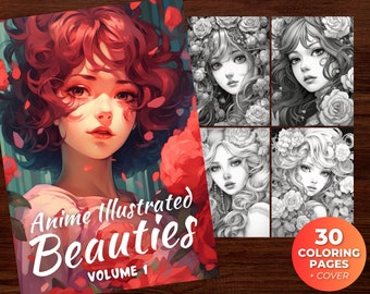 May include: A coloring book cover featuring a colorful illustration of a woman with red hair and a floral background. The title of the book is "Anime Illustrated Beauties Volume 1".