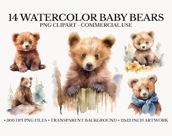 Watercolor Baby Bear Clipart: Woodland PNG Set (Digital Download)