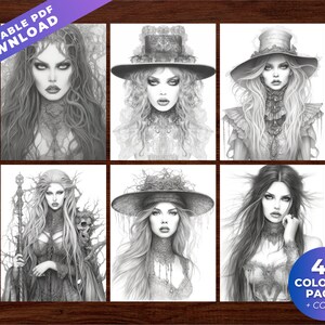 May include: A collection of six grayscale illustrations of women with long hair and gothic attire. The images are from a printable PDF download, with text that reads "PRINTABLE PDF DOWNLOAD" and "43 COLORING PAGES + COVER".