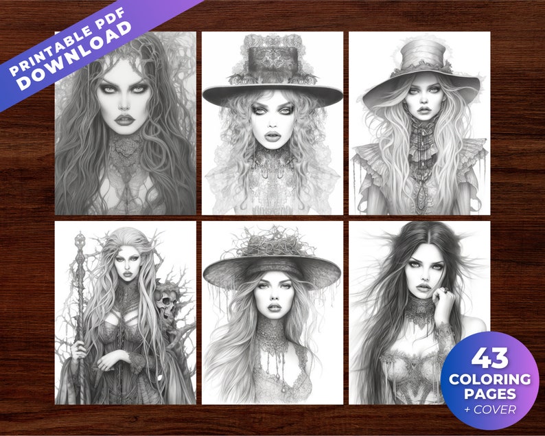 May include: A collection of six grayscale illustrations of women with long hair and gothic attire. The images are from a printable PDF download, with text that reads "PRINTABLE PDF DOWNLOAD" and "43 COLORING PAGES + COVER".