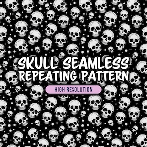 Skull Seamless Paper & Fabric Pattern - Black and White Repeating Design, Background PNG, Sublimation, Unlimited Commercial Use