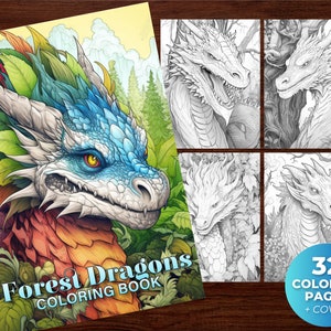 Forest Dragons Coloring Book: 32 Fantasy Dragon Coloring Pages for Adults - Instant Download - Grayscale Coloring Page - Printable Art PDF
