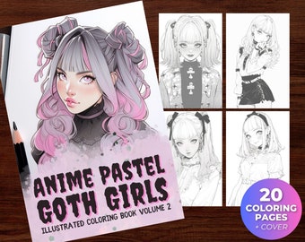 Livre de coloriage pour filles gothiques anime : 20 pages en niveaux de gris (téléchargement numérique)