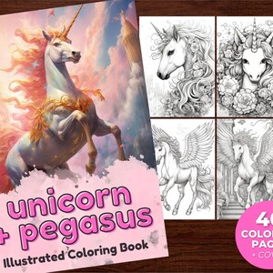 Pegasus & Unicorns Fantasy Coloring Page Book, Adults + kids - Instant Download Grayscale Coloring Page, Printable PDF, Horse coloring