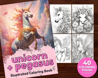 Unicorn & Pegasus Coloring Book: Fantasy Art, Grayscale Illustrations (Printable PDF)