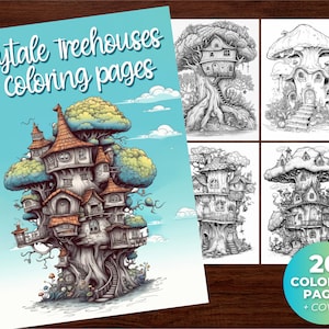 Fantasy Fairytale Treehouses - Nature-inspired Mystical Digital Coloring Book Kids Adults Grayscale Page Instant Download Printable PDF