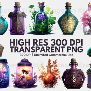 May include: A set of 10 digital illustrations of glass bottles with various designs and contents. The bottles are filled with flowers, trees, insects, and other natural elements. The bottles are in various colors, including blue, green, purple, and red. The bottles are all in a high-resolution, 300 DPI format and are suitable for commercial use.