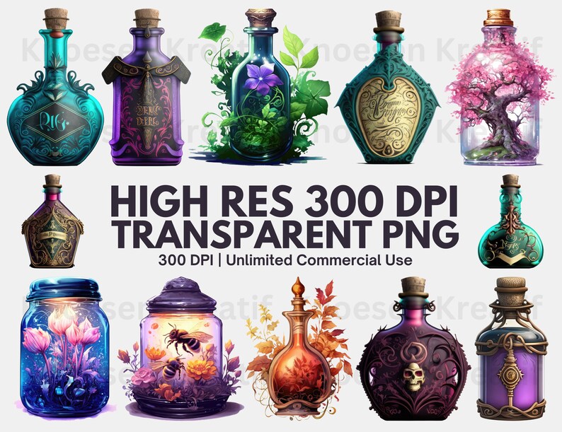 May include: A set of 10 digital illustrations of glass bottles with various designs and contents. The bottles are filled with flowers, trees, insects, and other natural elements. The bottles are in various colors, including blue, green, purple, and red. The bottles are all in a high-resolution, 300 DPI format and are suitable for commercial use.