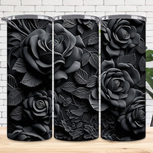 3D Black Roses 20 oz Skinny Tumbler Sublimation Design, Straight And Tapered Tumbler Wrap, Instant Digital Download PNG