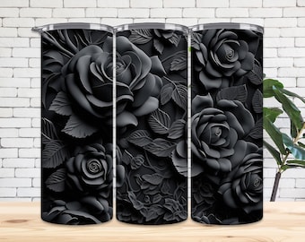 Design a sublimazione per bicchieri con rose nere 3D: avvolgimento dritto e affusolato (download digitale)