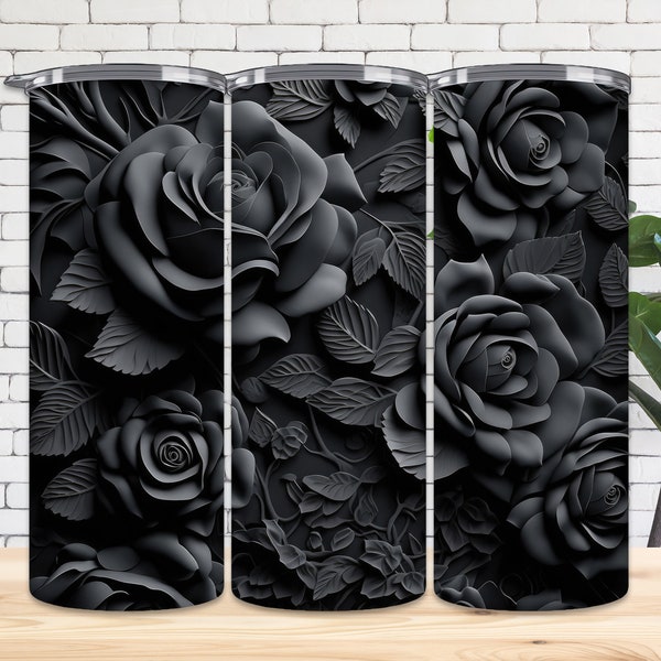 3D Black Roses 20 oz Skinny Tumbler Sublimation Design, Straight And Tapered Tumbler Wrap, Instant Digital Download PNG