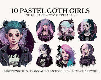 Pastel Goth Girls Clipart: Moody PNG Sticker Pack (Commercial Use)