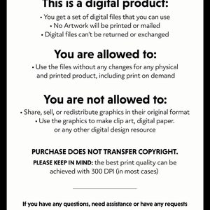 May include: A black and white text graphic with the title "Please note:" and information about the use and limitations of digital products. The text includes the phrase "Purchase does not transfer copyright." and "We're here to help." with the name "Knoesen Kreatif Design Studio".
