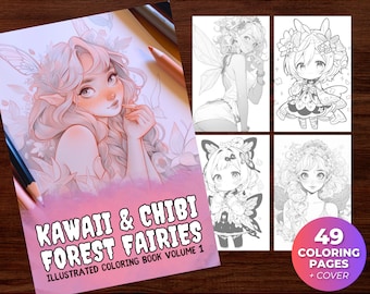 May include: A coloring book cover featuring a Kawaii and Chibi Forest Fairies design. The cover shows a detailed illustration of a fairy with long, flowing hair and delicate wings. The title "Kawaii & Chibi Forest Fairies" is written in bold, pink letters. The book includes 49 coloring pages and a cover.