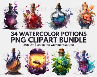 Akvarell magisk dryck Clipart: 34 PNG-grafik (digital nedladdning)