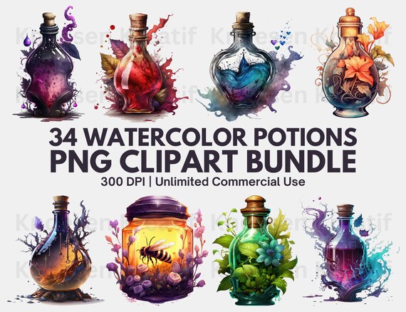 Watercolor Magic Potion Clipart: 34 PNG Graphics (Digital Download)