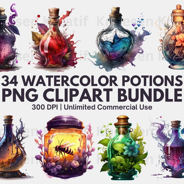 Watercolor Magic Potions Clipart | Painted Colorful Magic Potion Illustrations | 34 PNG Graphics | Instant Download for Commercial Use