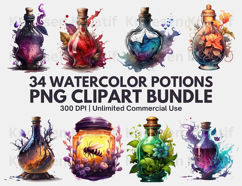 May include: 34 watercolor potion clipart images in PNG format. The potions are in various glass bottles with different colored liquids and floral designs. The bottles are surrounded by watercolor splatters.