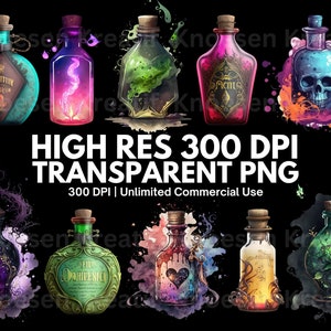 May include: Ten colorful glass bottles with various liquids and designs. The bottles have cork stoppers and are decorated with intricate details. The bottles are set against a black background with watercolor-like splatters.