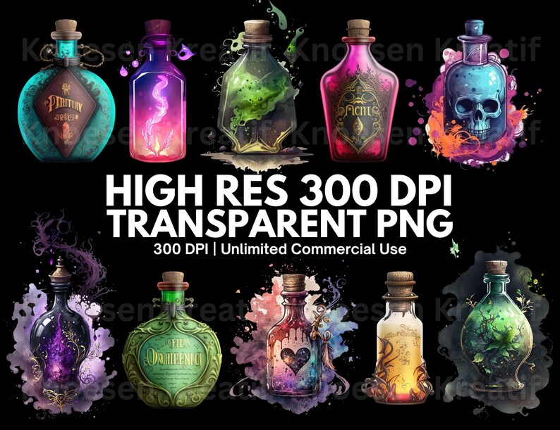 May include: Ten colorful glass bottles with various liquids and designs. The bottles have cork stoppers and are decorated with intricate details. The bottles are set against a black background with watercolor-like splatters.