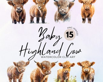 Highland Cow Clipart: Baby Farm Animals, Watercolor PNG (Digital Download)