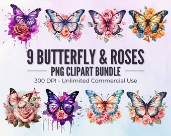 Floral Butterfly Watercolor PNG Clipart Bundle (Digital Download)