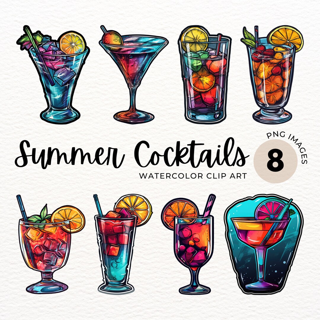 Summer Vibes Watercolor Cocktail Drinks PNG - Digital Download Art for ...