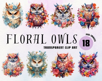 Clipart di gufo floreale ad acquerello - 18 immagini PNG (download digitale)