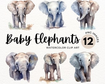 Clipart de elefante bebé en acuarela: Decoración infantil PNG (Descarga digital)