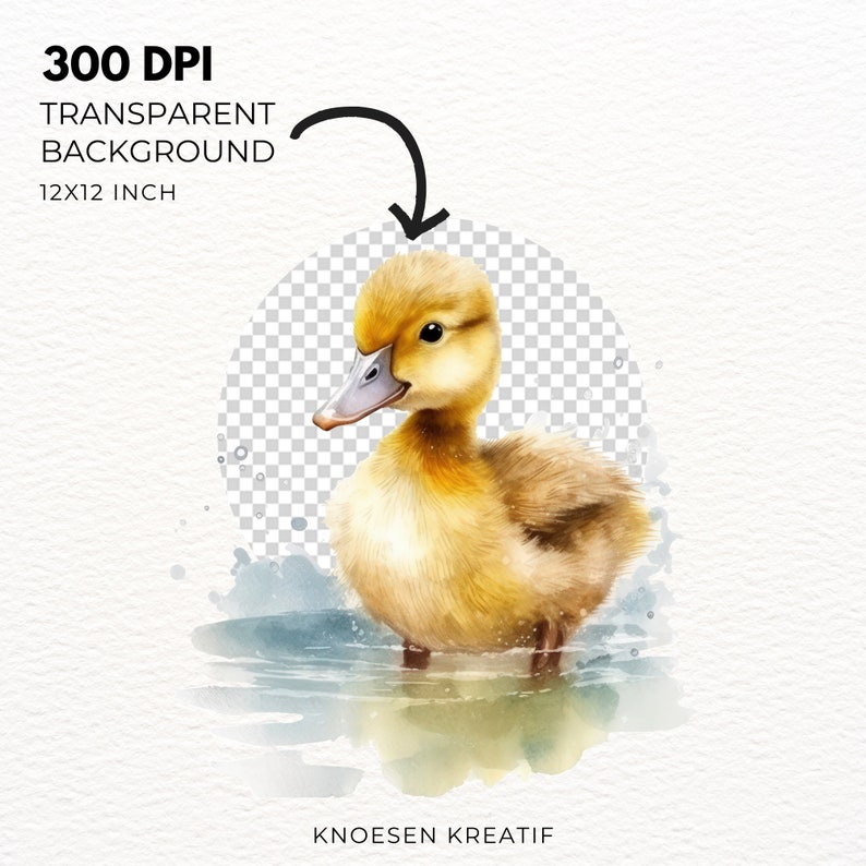 May include: A watercolor painting of a yellow duckling swimming in a blue pond. The duckling has a white beak and a yellow body with brown feathers. The background is a transparent checkered pattern.