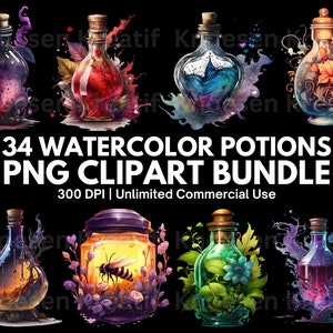 May include: 34 watercolor potion clipart images in a bundle. The potions are in various colors and shapes, with different floral and nature-inspired designs. Each potion is in a glass bottle with a cork stopper. The images are 300 DPI and can be used for commercial purposes.