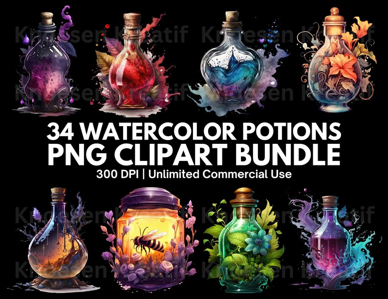 May include: 34 watercolor potion clipart images in a bundle. The potions are in various colors and shapes, with different floral and nature-inspired designs. Each potion is in a glass bottle with a cork stopper. The images are 300 DPI and can be used for commercial purposes.
