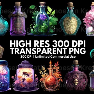May include: A set of ten digital illustrations of glass bottles with various designs and contents. The bottles are decorated with intricate details and feature a variety of colors, including blue, green, purple, pink, and gold. The bottles are set against a black background.