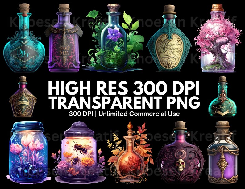 May include: A set of ten digital illustrations of glass bottles with various designs and contents. The bottles are decorated with intricate details and feature a variety of colors, including blue, green, purple, pink, and gold. The bottles are set against a black background.