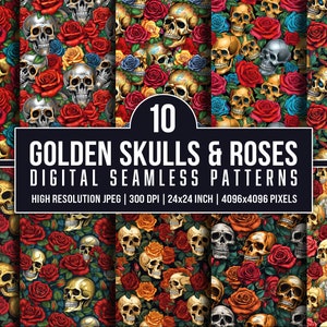 Digital Paper Golden Skulls & Roses - (10) Seamless Pattern Repeating Design, Background PNG, Sublimation Goth Rose Paper Fabric Patterns