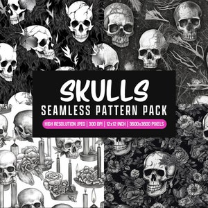 38 Seamless Skulls Mega Pattern & Digital Papers Bundle: Skulls Repeating Design | Human Skull PNG | Sublimation Goth Paper Craft Fabric