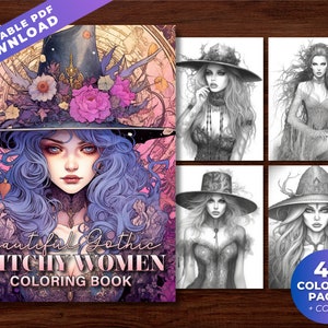 Goth Witch Women Coloring Book - 43 Wiccan Coloring Pages for Adults - Instant Download Grayscale Coloring - Printable PDF - Occult coloring