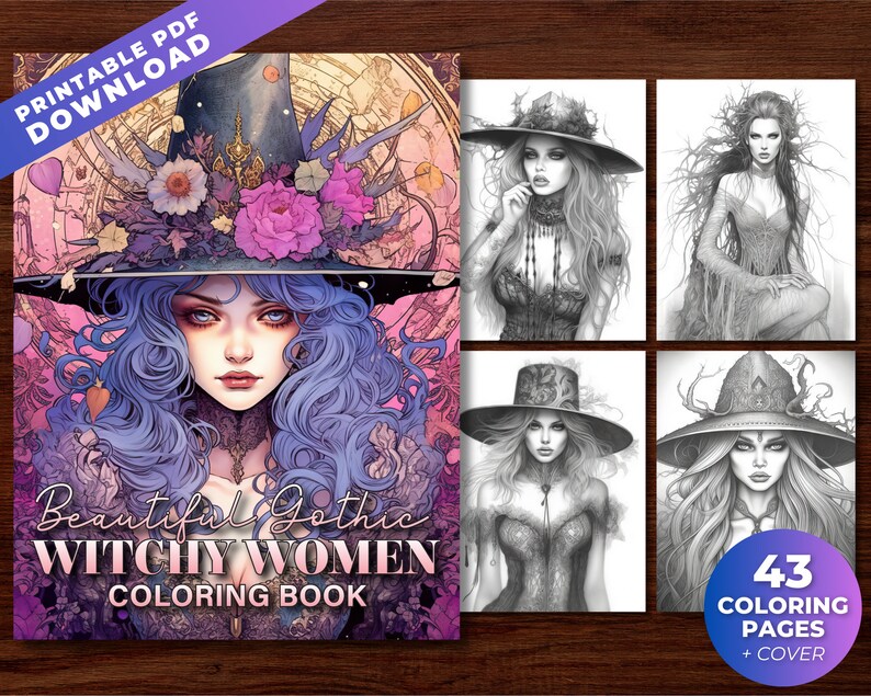 May include: A coloring book titled "Beautiful Gothic Witchy Women" with a cover illustration of a woman with blue hair and a witch hat. The book includes 43 coloring pages. The words "Printable PDF Download" are in the upper left corner.