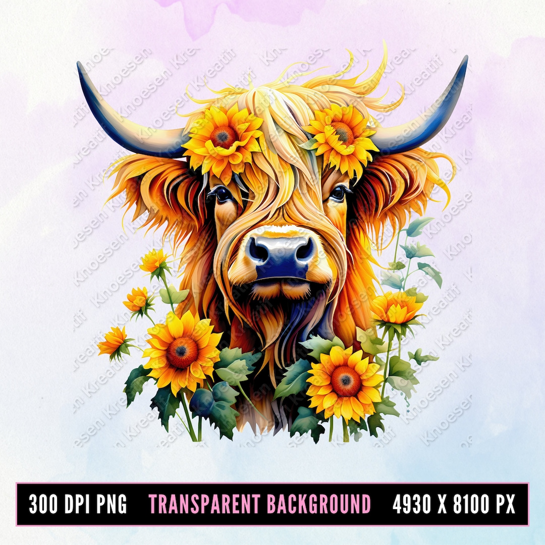 Watercolor Highland Cow Sunflower Clipart – PNG Digital Design - Etsy