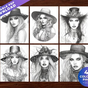 May include: A collection of six grayscale illustrations of women wearing elaborate hats, perfect for coloring. The images are in a grid layout, with the text "PRINTABLE PDF DOWNLOAD" at the top left and "43 COLORING PAGES + COVER" at the bottom right.