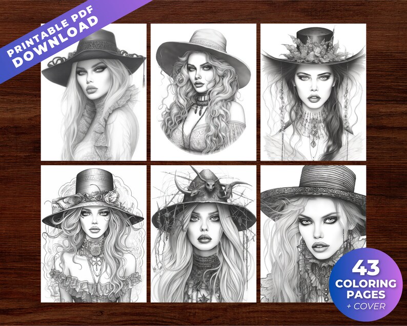 May include: A collection of six grayscale illustrations of women wearing elaborate hats, perfect for coloring. The images are in a grid layout, with the text "PRINTABLE PDF DOWNLOAD" at the top left and "43 COLORING PAGES + COVER" at the bottom right.