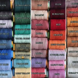 May include: A collection of 30 spools of cotton cord in various colors, including black, grey, navy blue, indigo, sax blue, baby blue, sky blue, petrol green, army green, emerald green, water green, dark musty green, musty green, turquoise, light yellow, tan, salmon, rose 1, rose 2, rose 3, rose 4, lilac, pomegranate, plum, burgundy, red, orange, light orange, powder pink, candy pink, pink, coffee, terra-cotta, mustard, light brown, brown, milky brown, beige, and creamy white.