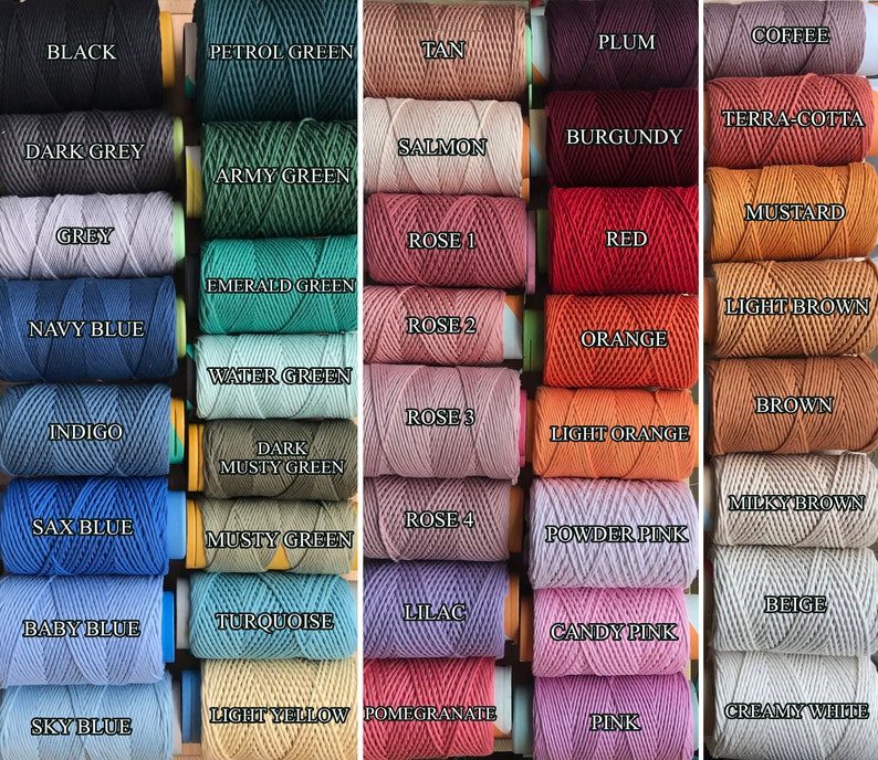 May include: A collection of 30 spools of cotton cord in various colors, including black, grey, navy blue, indigo, sax blue, baby blue, sky blue, petrol green, army green, emerald green, water green, dark musty green, musty green, turquoise, light yellow, tan, salmon, rose 1, rose 2, rose 3, rose 4, lilac, pomegranate, plum, burgundy, red, orange, light orange, powder pink, candy pink, pink, coffee, terra-cotta, mustard, light brown, brown, milky brown, beige, and creamy white.