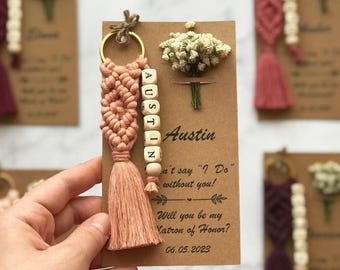 Personalized Bridesmaid Proposal Gifts: Macrame Name Keychains with Card & Flowers, Custom Keychain Gifts