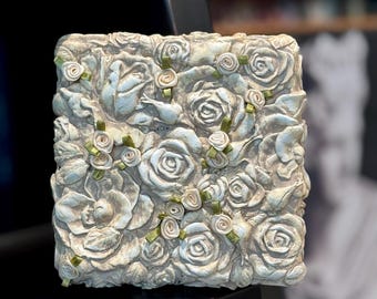 Textured Clay Rose Relief Wall Art, 5x5 Inch Romantic Botanical Decor, "Elegance"