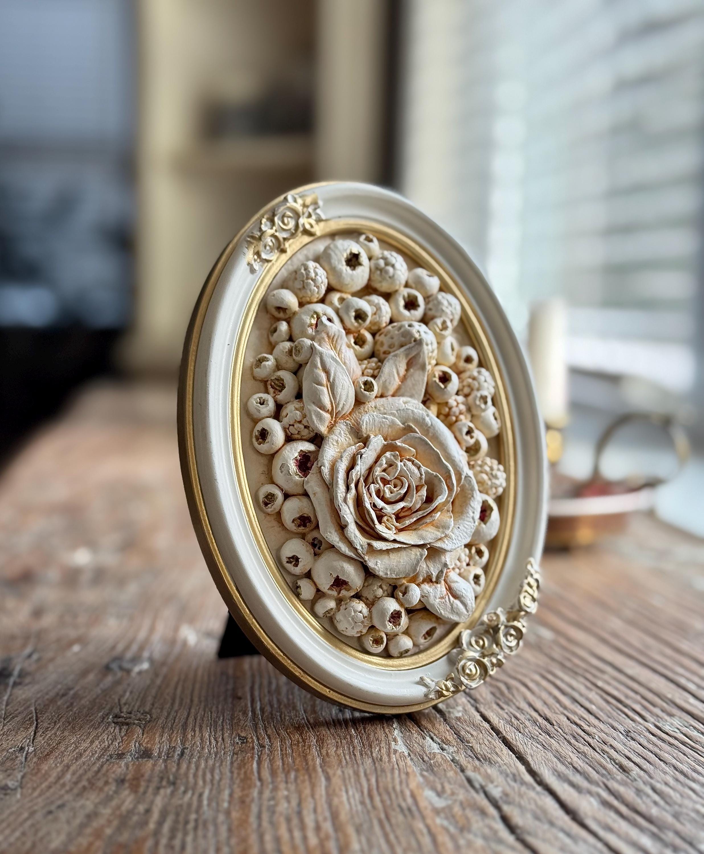 Hand-sculpted Floral Relief Wall Art, Antique White Gold Medallion