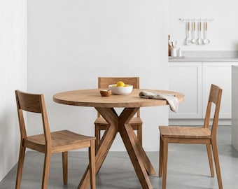 Round Teak Wood Dining Table with Modern Angled Legs, Small Reclaimed Wooden Kitchen Table
