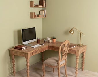 Reclaimed Teak Wood Corner Desk: L-Shaped Writing Desk with Drawers, Rustic Home Office Furniture