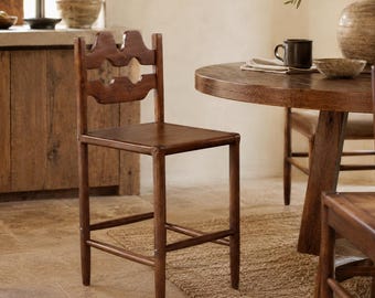 Reclaimed Acacia Wood Counter Chair, Sculptural Open-Back Stool, Medium Walnut Finish